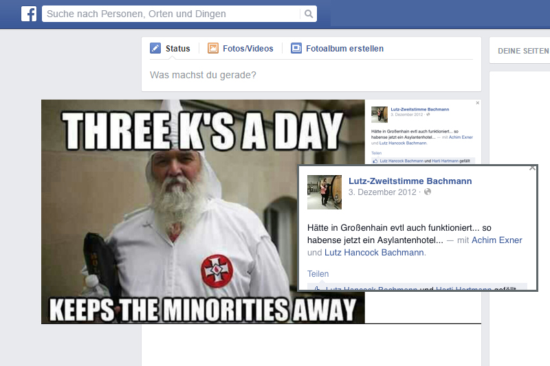 „Drei K‘s am Tag hält Minderheiten fern“ postet Lutz Bachmann in einem seiner Facebook-Profile. Am Post markiert ist Achim Exner, einer der heutige PEGIDA-Organisatoren.