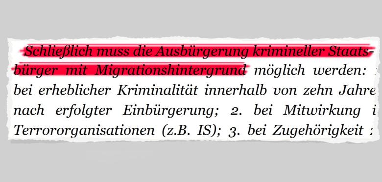 Die AfD will die "Ausbürgerung krimineller Staatsbürger mit Migrationshintergrund" umsetzen. Das Gleiche gab es im Dritten Reich und in der DDR